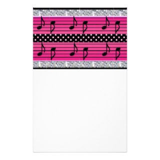 Pink & Black Polka Dot Diamonds & Musical Notes Custom Stationery