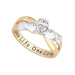 18k Gold over Silver Two tone 'One Life, One Love' Engraved Claddagh Diamond Ring Diamond Rings