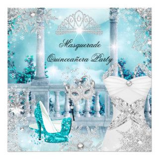 Quinceanera Masquerade Magical Princess Blue 3 Personalized Invitations