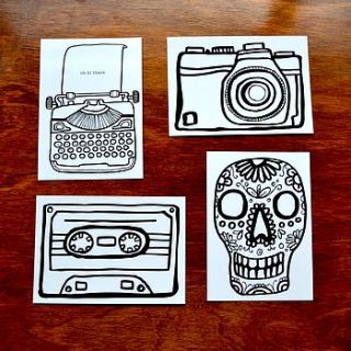 four black & white illustrated postcards by hannah robinson illustration
