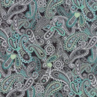 Paisley Peacock quilt fabric, by Hoffman Fabrics, Stylized feathers and mandalas, metallic silver