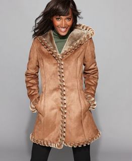 Jones New York Coat, Hooded Faux Shearling Laced Trim   Coats   Women