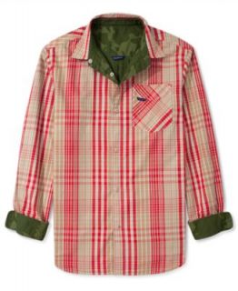 Vintage Red Shirt, Long Sleeve Asymmetrical Ombre Plaid Shirt   Casual Button Down Shirts   Men