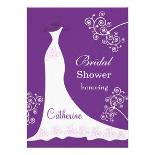 White wedding gown, swirls on purple Bridal Shower Personalized Invitation