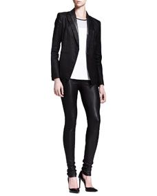 Helmut Lang Glossy Linen Twill Blazer, Ion Jersey Colorblock Top & Stretch Leather Skinny Pants