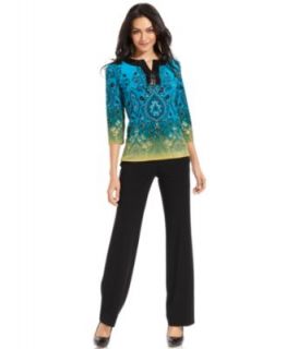 JM Collection Petite Thtree Quarter Sleeve Printed Studded Tunic & Curvy Fit Bootcut Pants   Petite   Women