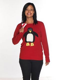 ladies squeaky tummy penguin christmas jumper by woolly babs christmas jumpers
