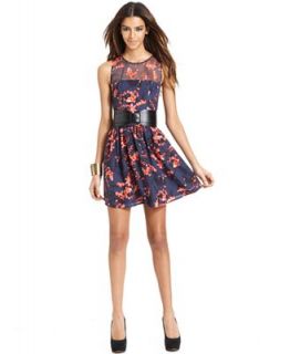 GUESS Dress, Sleeveless High Neck Floral Printed Belted A Line   Dresses   Women