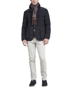 Loro Piana Wind Stretch Storm System Puffer Jacket, Long Sleeve Knit Polo, 4 Pocket Sport Pants & Notting Hill Printed Scarf