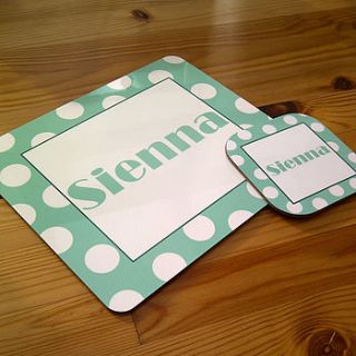 personalised spotty placemat and coaster set by loving luxuries