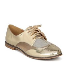 Qupid Strip 113X New Metallic Leatherette Oxford Mesh Round Toe Lace Flat   Gold (Size 6.5) Shoes