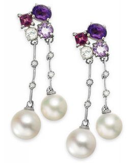 Sterling Silver Earrings, Cultured Freshwater Pearl (7 1/2mm), Multi Stone (1 1/6 ct. t.w.) and Diamond (1/10 ct. t.w.) Drop Earrings   Earrings   Jewelry & Watches