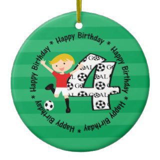 Happy 4th Birthday Round Soccer Goal Ornament
