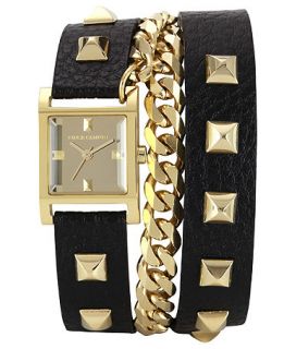 Vince Camuto Watch, Womens Gold Tone Pyramid Stud and Chain Black Leather Wrap Around Strap 22mm VC 5088GMBK   Watches   Jewelry & Watches