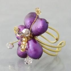 Goldtone Violet Pearl and Crystal Floral Adjustable Ring (Thailand) Rings
