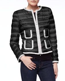 Moncler Contrast Trim Zip Puffer Jacket, Black/White