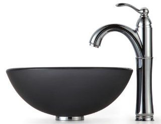 Kraus C GV 104FR 14 12mm 1005SN Frosted 14 Inch Black Glass Vessel Sink and Riviera Faucet, Satin Nickel   Vessel Sinks And Faucet Combo  
