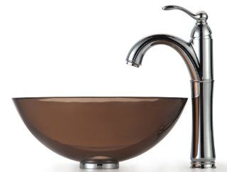 Kraus C GV 103 14 12mm 1005SN Clear 14 Inch Brown Glass Vessel Sink and Riviera Faucet, Satin Nickel    