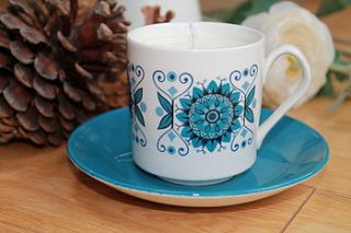blue retro vintage coffee cup candle by teacup candles