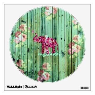 Flower Elephant Pink Sakura Green Striped Wood Wall Decals