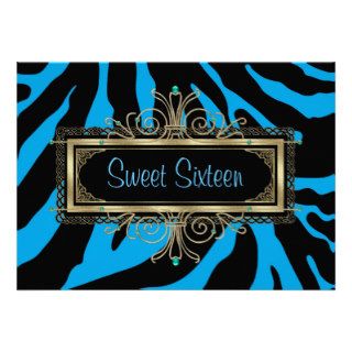 Teal Blue Zebra Black Gold Sweet Sixteen Birthday Custom Invitation