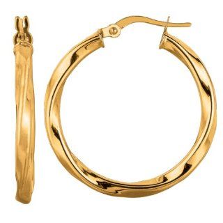 14K Yellow Gold 3.0X25mm wide Shiny Round Tube Italian Twists Hoop Earring Jewelry