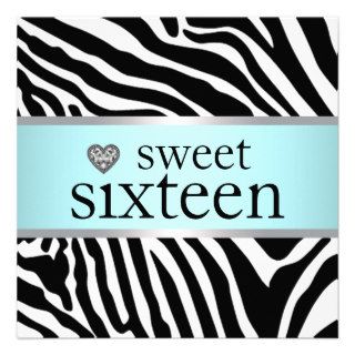Teal Blue Zebra Sweet Sixteen Birthday Party Invitations