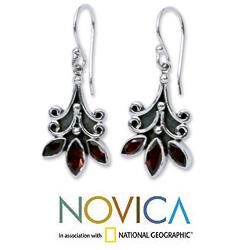 Sterling Silver 'Kerala Carnation' Garnet Flower Earrings (India) Novica Earrings