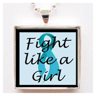 Fight Like a Girl Teal Ovarian Cancer Ribbon Glass Tile Pendant Necklace with Chain Jewelry