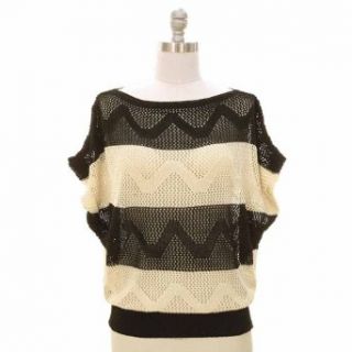 Luxury Divas Black & Cream Medium Weight Open Knit Striped Sweater Pullover Sweaters