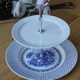 blue and white fruit bowl cake stand by teacup candles