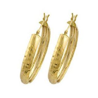 14K Yellow Gold 4 x 25 MM Hammered Hoop Earrings Katarina Jewelry