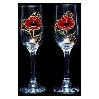 Celtic Glass Designs Set of 2 Hand Painted Champagne Flutes in a Poppy Design.  
