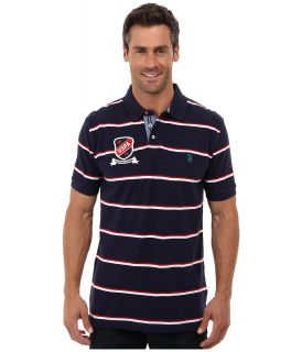 U.S. Polo Assn Stripe Short Sleeve Pique Polo with Patch and Pony Logos Mens Short Sleeve Pullover (Navy)