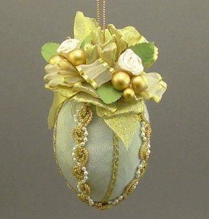 "Judith" by Towers and Turrets   Pastel Mint Green Moire Faille Fabric Easter Egg Christmas Ornament with Parchment Roses   Victorian Inspired, Handmade  Decorative Hanging Ornaments  