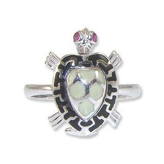 14k White Gold, Turtle Tortoise Design Ring with Black and Green Resin Accents Jewelry