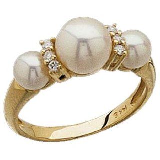 14k Yellow Gold FreshWater Cultured White Pearl Diamond Ring Right Hand Rings Jewelry