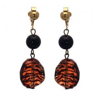 DONETTA Antique Gold Black Amber Clip On Earrings Jewelry
