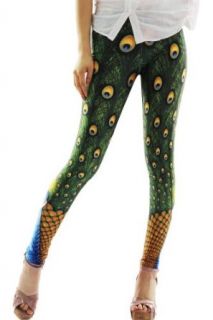 Pinkyee Women's Peacock Print Legging Green One Size Pattern Color Leggings Pants