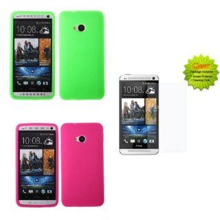 Fincibo (TM) Combo 3, Silicone Skin Soft Gel Cover Case   Neon Green + Hot Pink + 1X Clear Screen Protector For HTC One M7 Cell Phones & Accessories