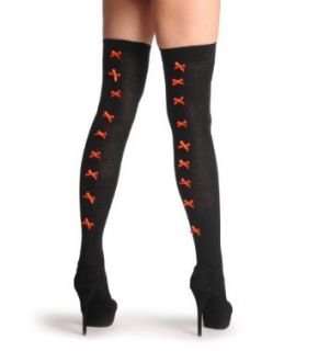 Black With Orange Satin Bows At The Back   Over The Knee Socks