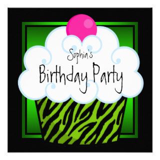 Lime Green Zebra Girls Cupcake Birthday Party Invite