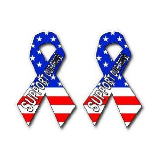 Support Our Troops   2 USA Flag Ribbons   Window Bumper Sticker Automotive