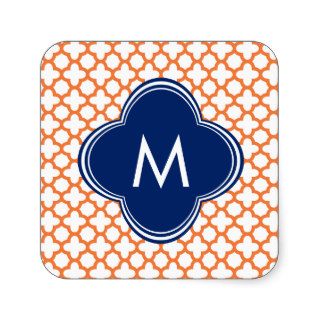 Monogrammed Orange and Royal Blue Quatrefoil Square Sticker