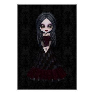 Cute & Creepy Goth Girl Black Damask Poster
