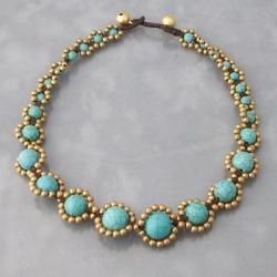 Brass Bead and Turquoise Cotton Rope Necklace (Thailand) Necklaces