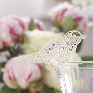ivory laser cut lace bird glass place card by ginger ray