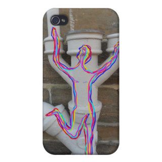 Rainbow coloured drawn man on old stone wall pipes iPhone 4 covers