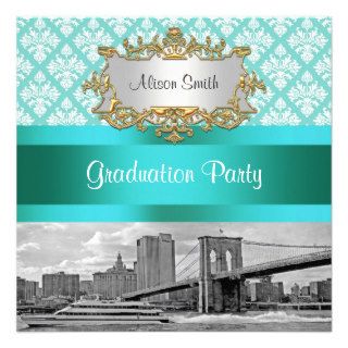 Brooklyn Bridge Turquoise Wht Damask Graduation Custom Invite