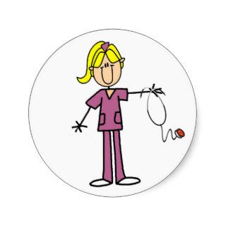 Blond Female Stick Figure Nurse Round Sticker